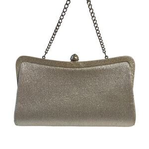 Vtg Silver Glitter Frame Purse Evening Bag Clutch Kiss Lock Chain 1950s Metallic